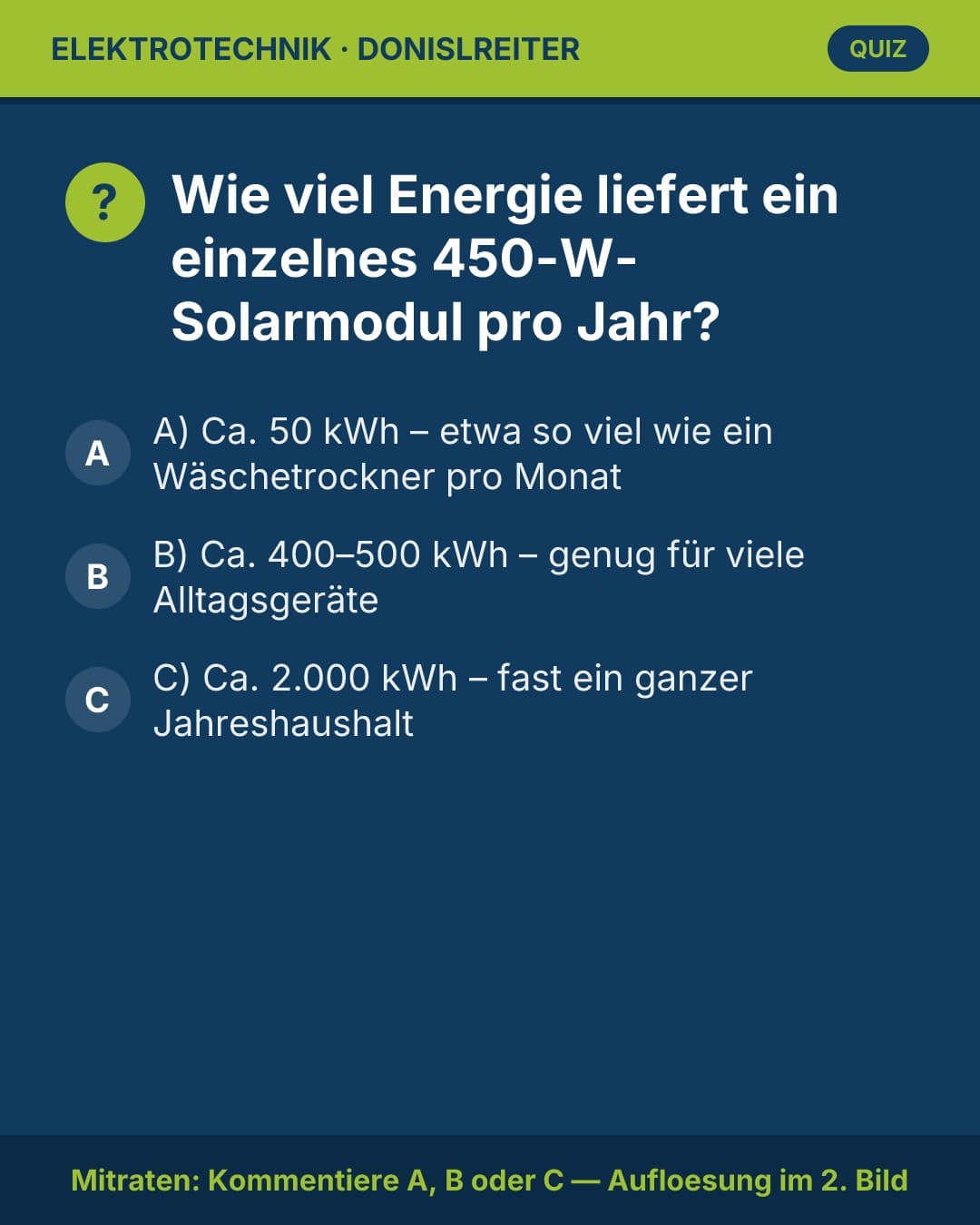 Quiz-Time! ☀️ Weißt du, wie viel Strom ein modernes 450-W-Solarmodul wirklich im Jahr produziert?

👉 Kommentiere einfac