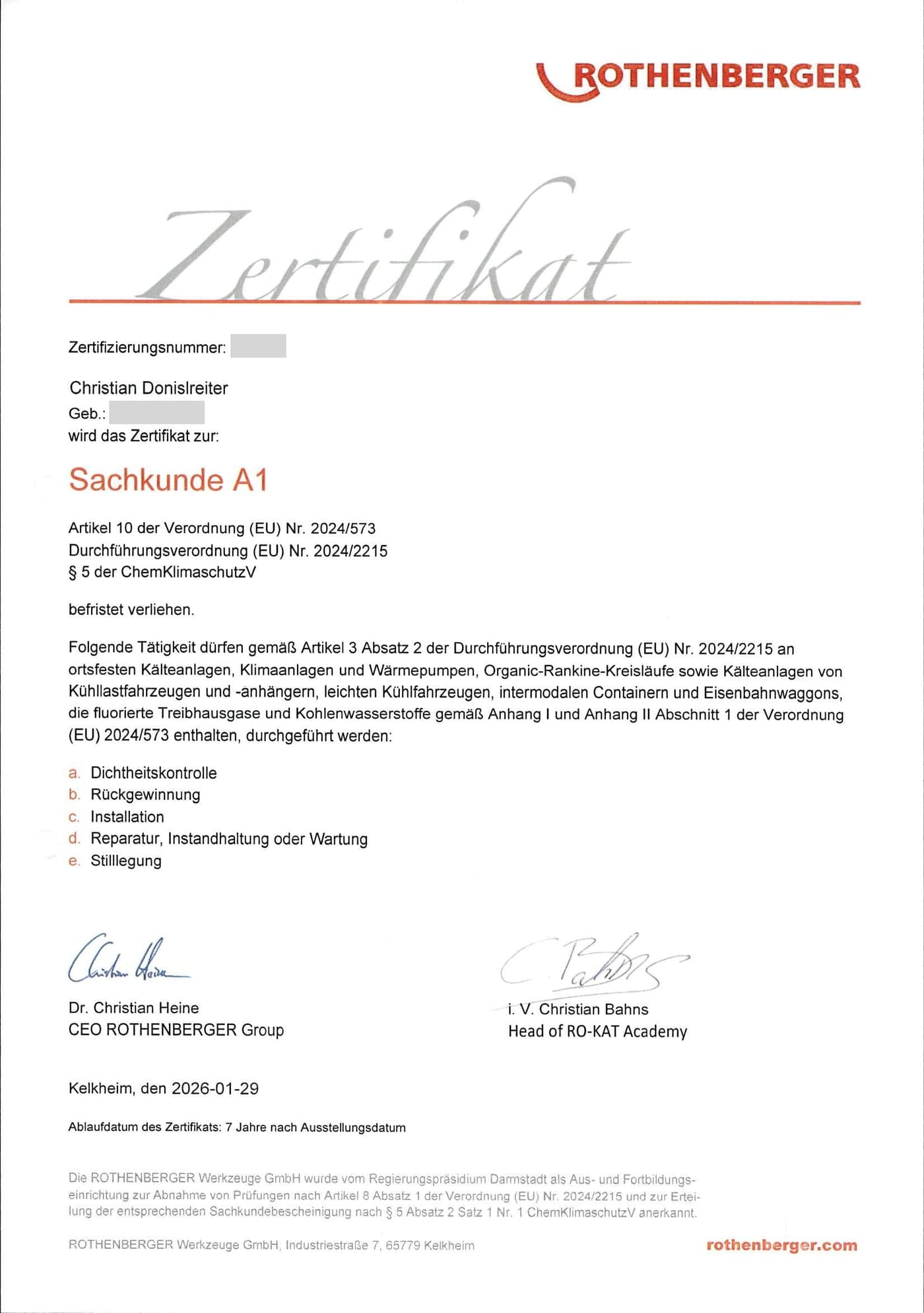 Zertifikat Sachkunde A1 nach Verordnung (EU) 2024/573 und § 5 ChemKlimaschutzV, ROTHENBERGER RO-KAT Academy
