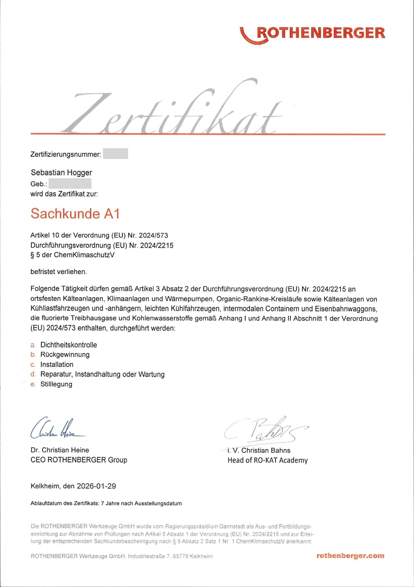 Zertifikat Sachkunde A1 nach Verordnung (EU) 2024/573 und § 5 ChemKlimaschutzV, ROTHENBERGER RO-KAT Academy