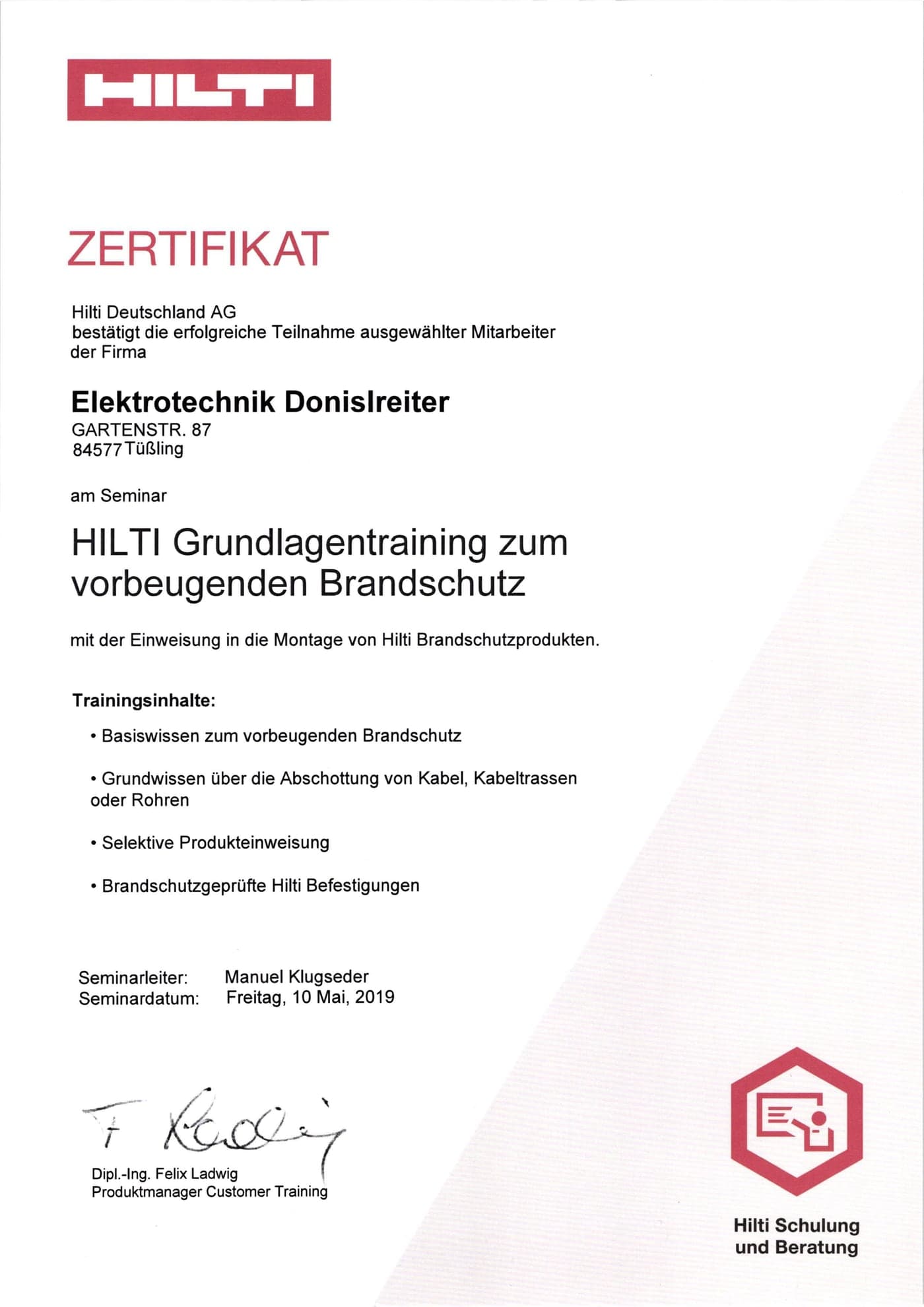 Hilti Zertifikat über das Grundlagentraining zum vorbeugenden Brandschutz