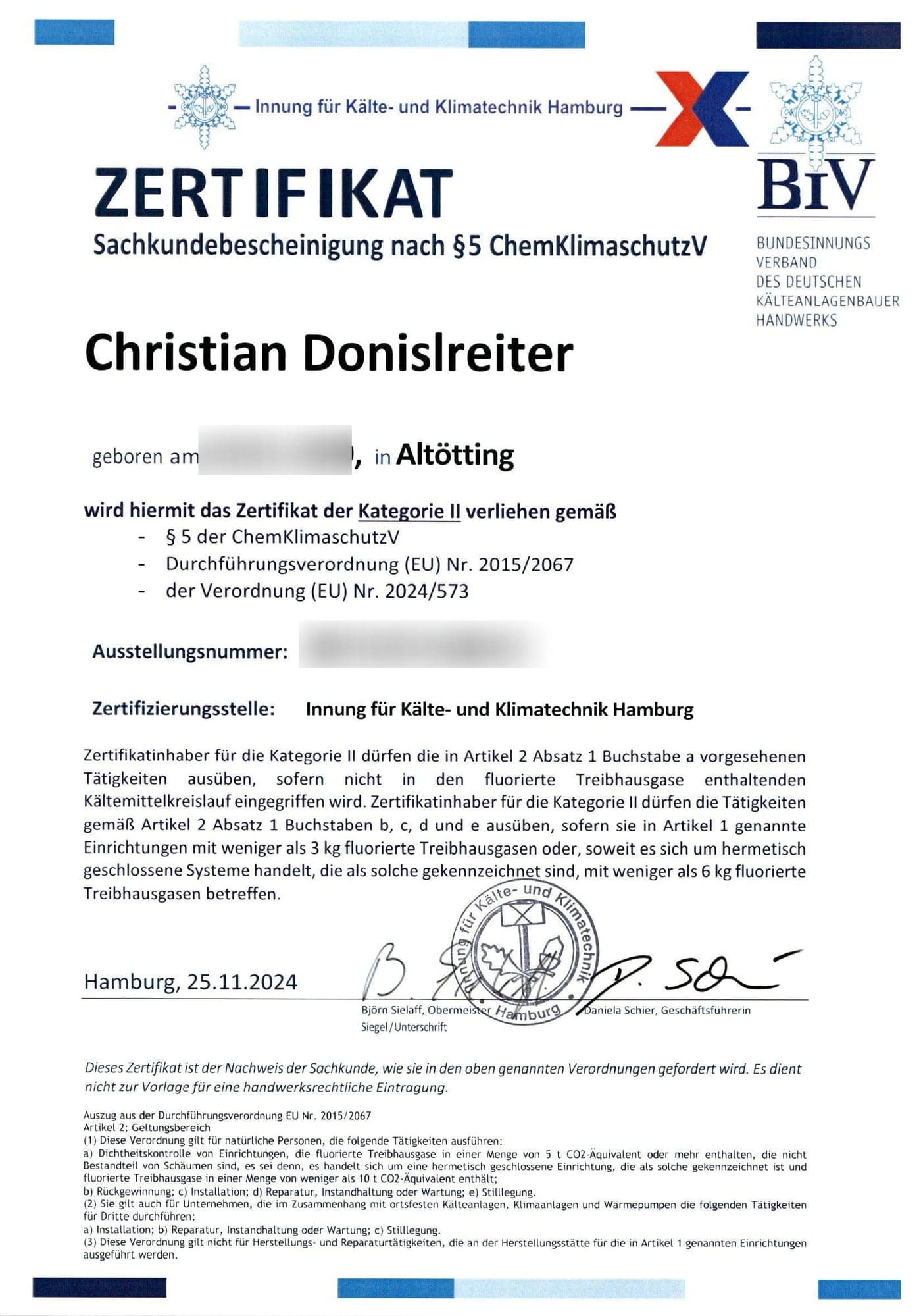 Sachkundebescheinigung nach §5 ChemKlimaschutzV, Kategorie II, Innung für Kälte- und Klimatechnik Hamburg