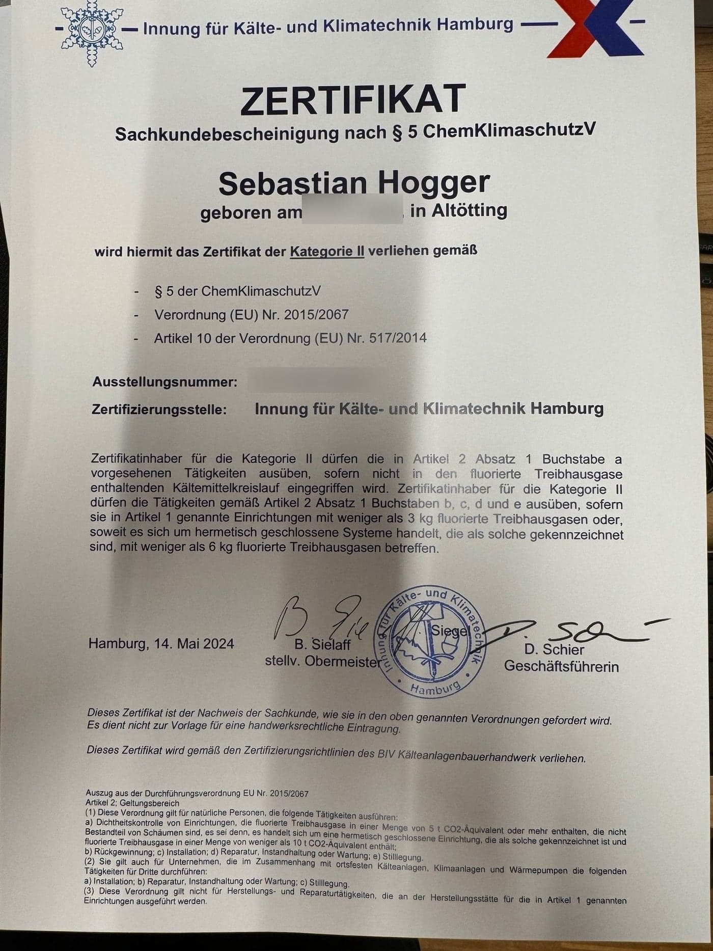 Sachkundebescheinigung nach §5 ChemKlimaschutzV, Kategorie II, Innung für Kälte- und Klimatechnik Hamburg