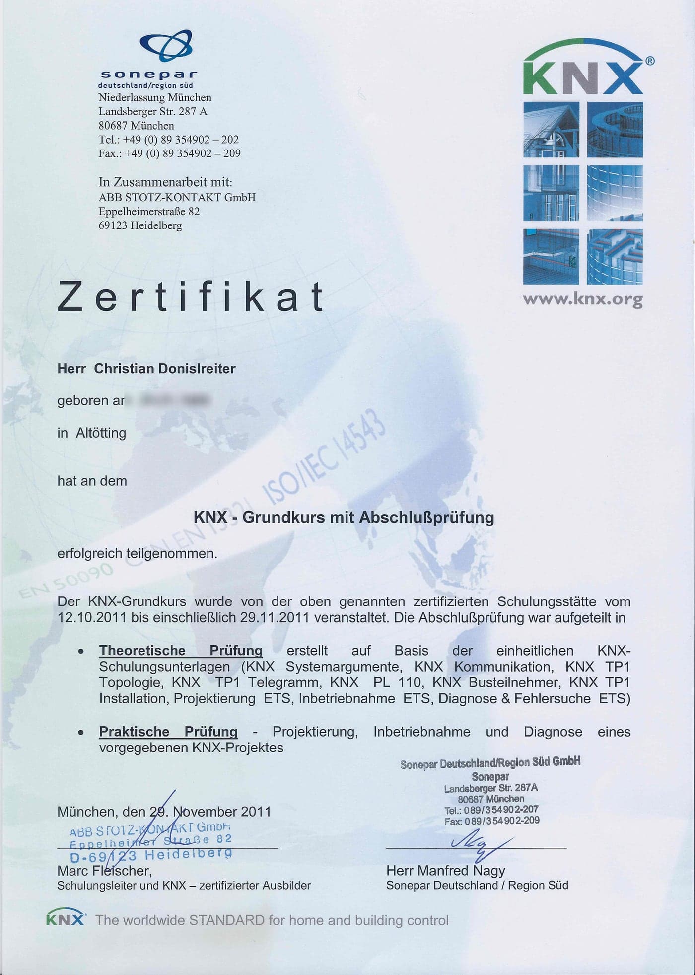 KNX-Zertifikat, Grundkurs mit Abschlussprüfung, zertifizierte Schulungsstätte Sonepar/ABB