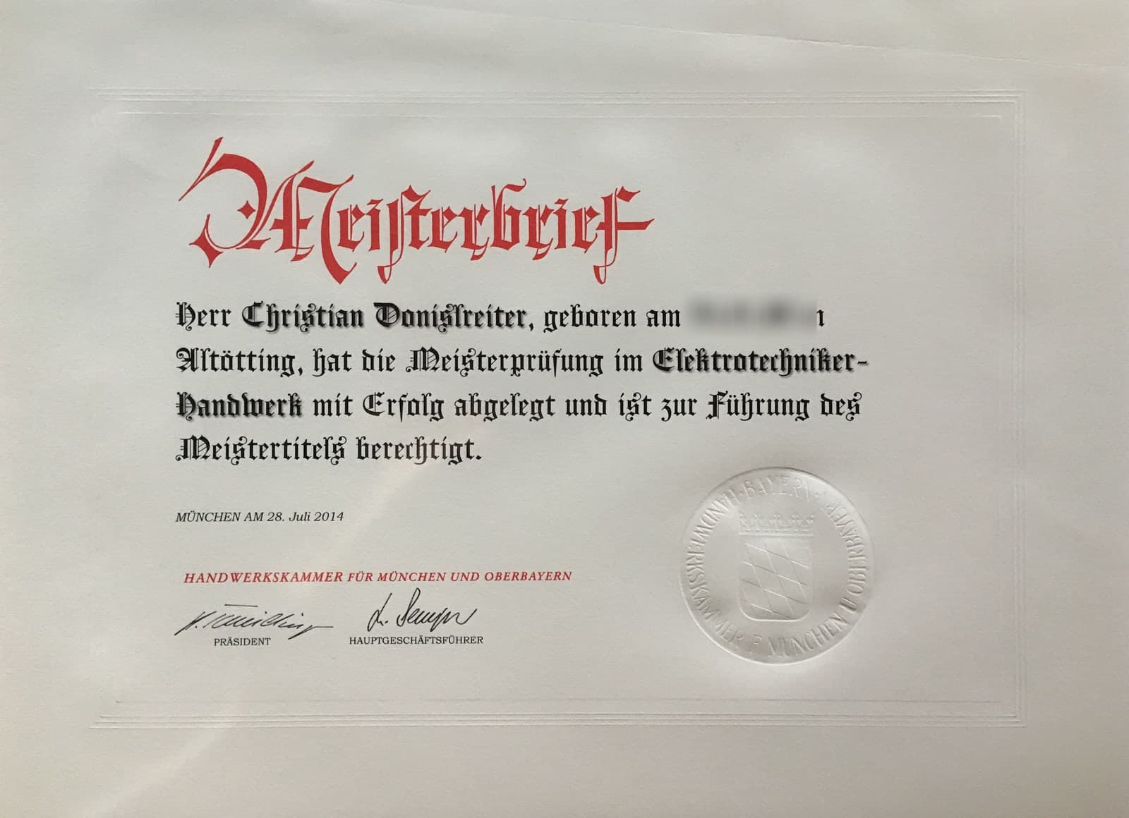 Meisterbrief im Elektrotechniker-Handwerk, Handwerkskammer für München und Oberbayern