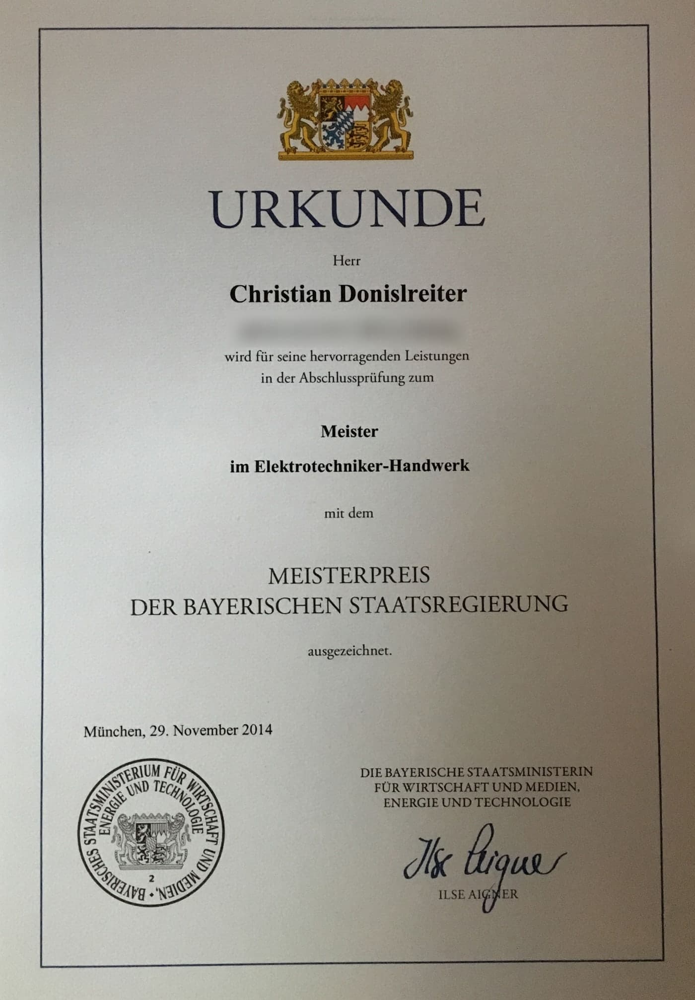 Urkunde Meisterpreis der Bayerischen Staatsregierung 2014