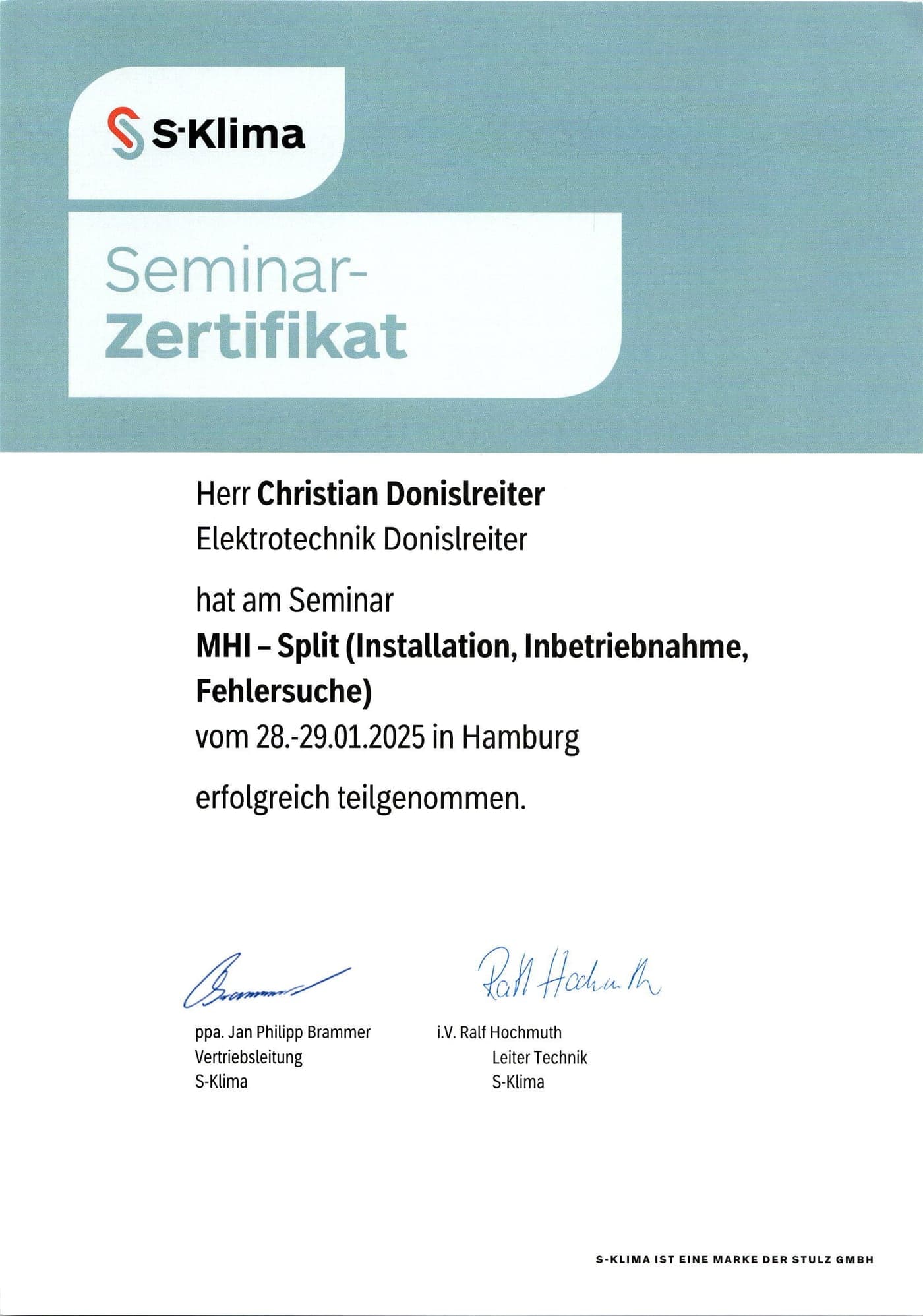 Seminar-Zertifikat S-Klima: MHI Split – Installation, Inbetriebnahme, Fehlersuche