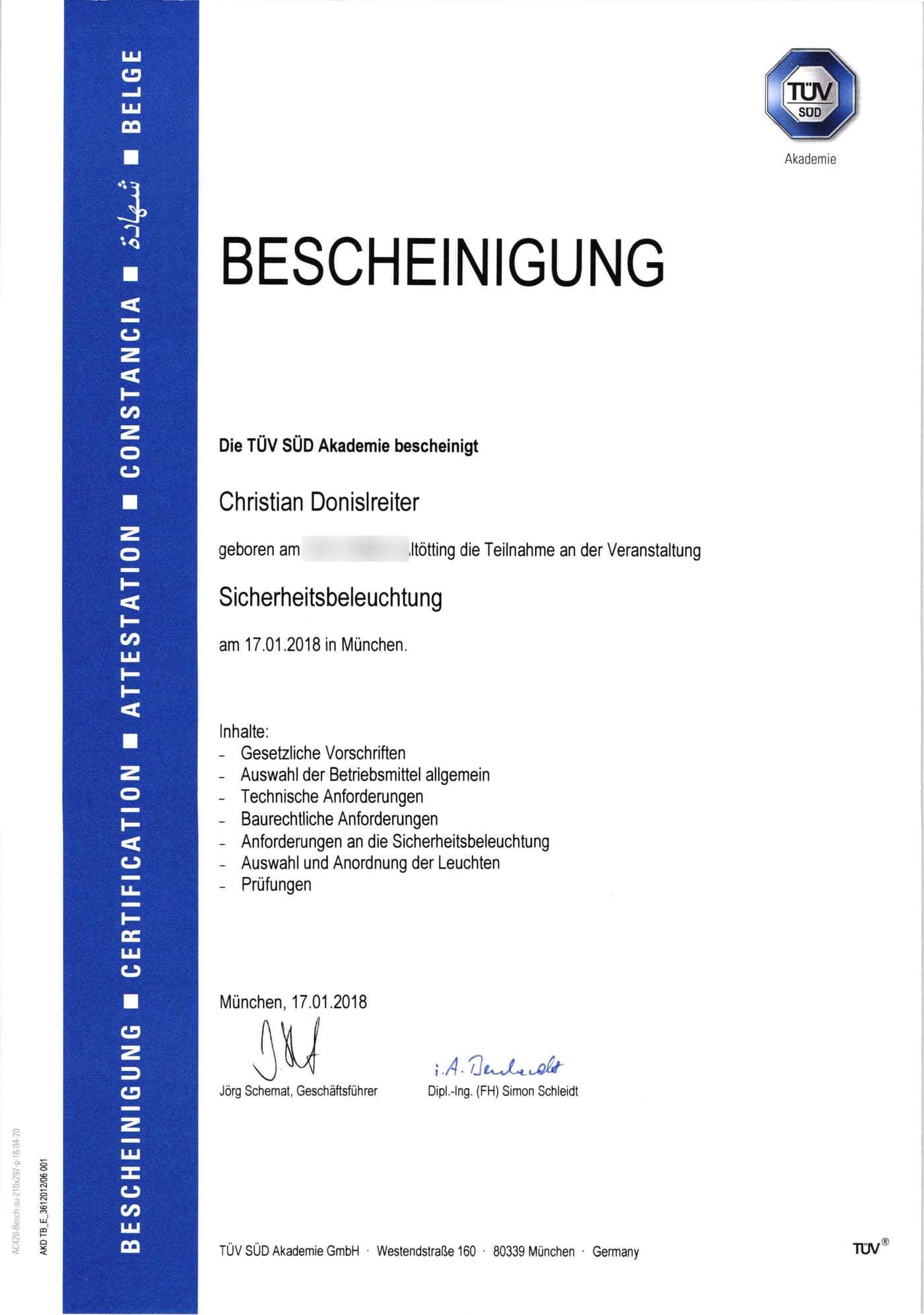 Bescheinigung der TÜV SÜD Akademie über die Teilnahme an der Veranstaltung Sicherheitsbeleuchtung